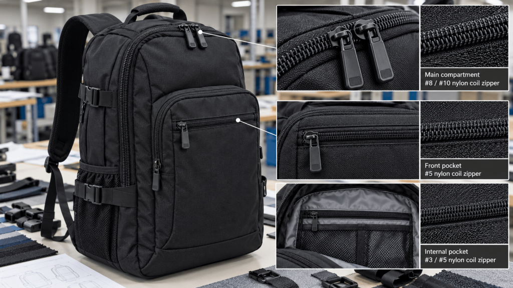 different zipper sizes used by load zone on a travel backpack