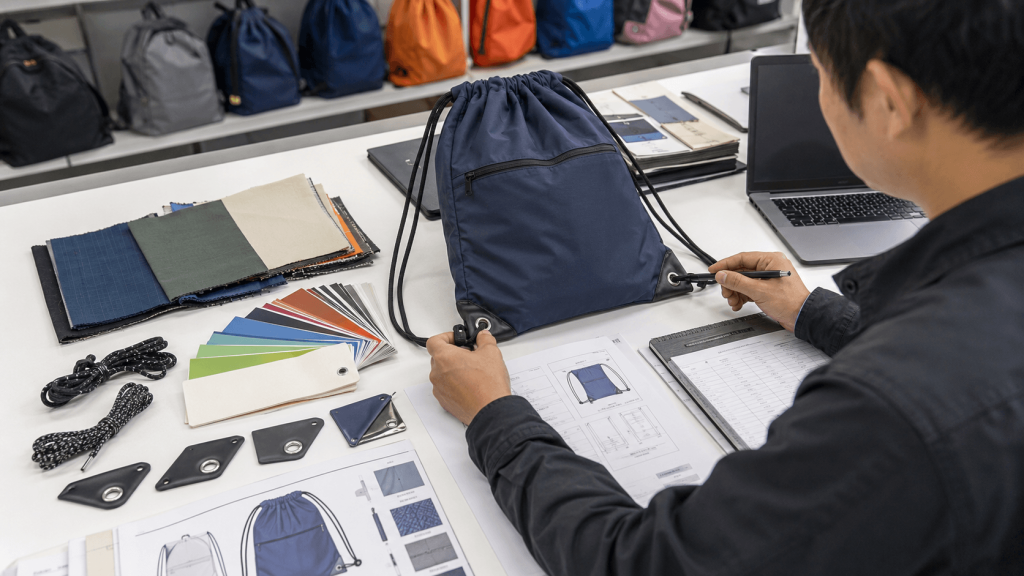 custom drawstring bag material and specification review before sampling