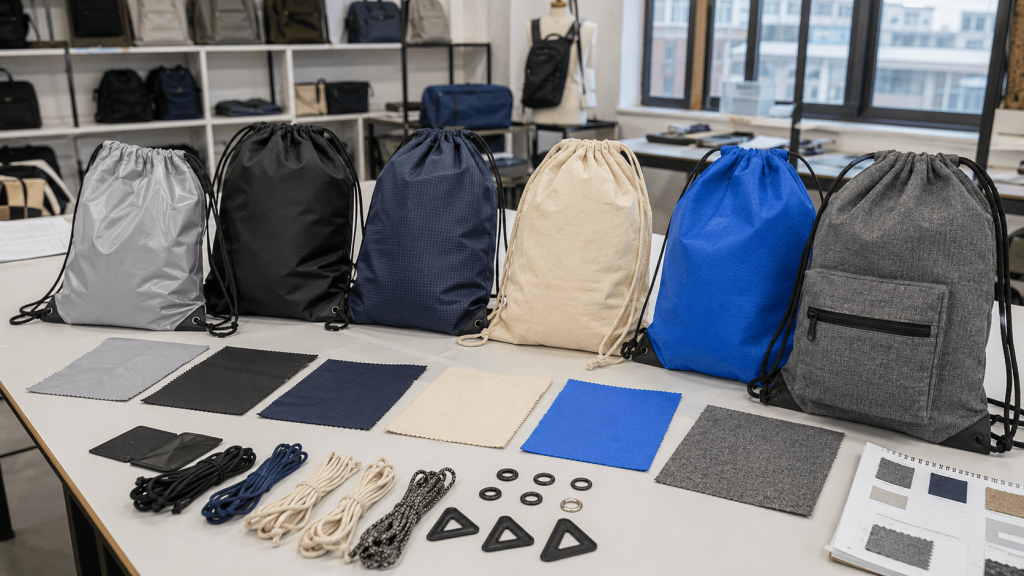 drawstring bag materials including polyester ripstop nylon canvas and recycled fabric