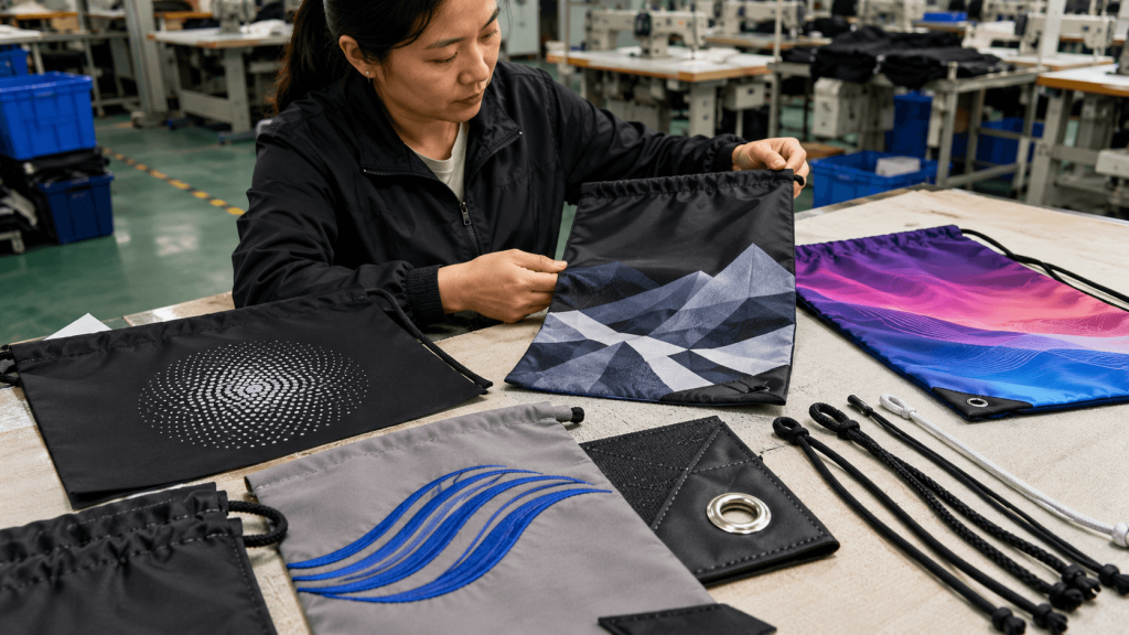 drawstring bag printing reinforcement eyelet and cord construction