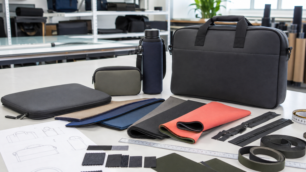 neoprene fabric samples and custom bag development in a factory