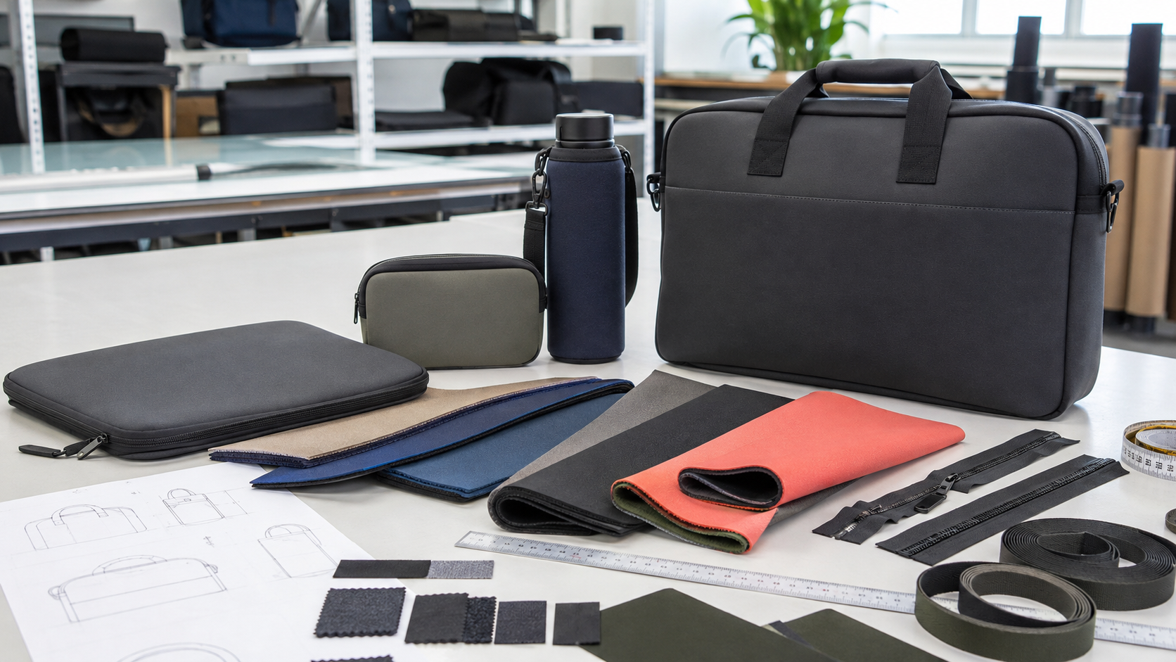 neoprene fabric samples and custom bag development in a factory