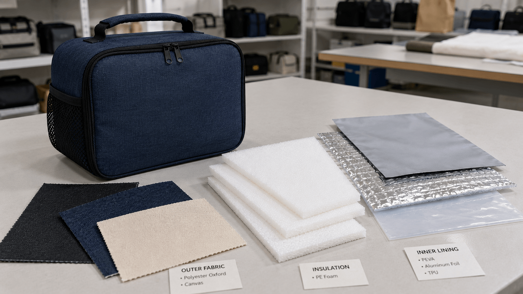 outer fabric foam and lining materials used inside insulated lunch bags