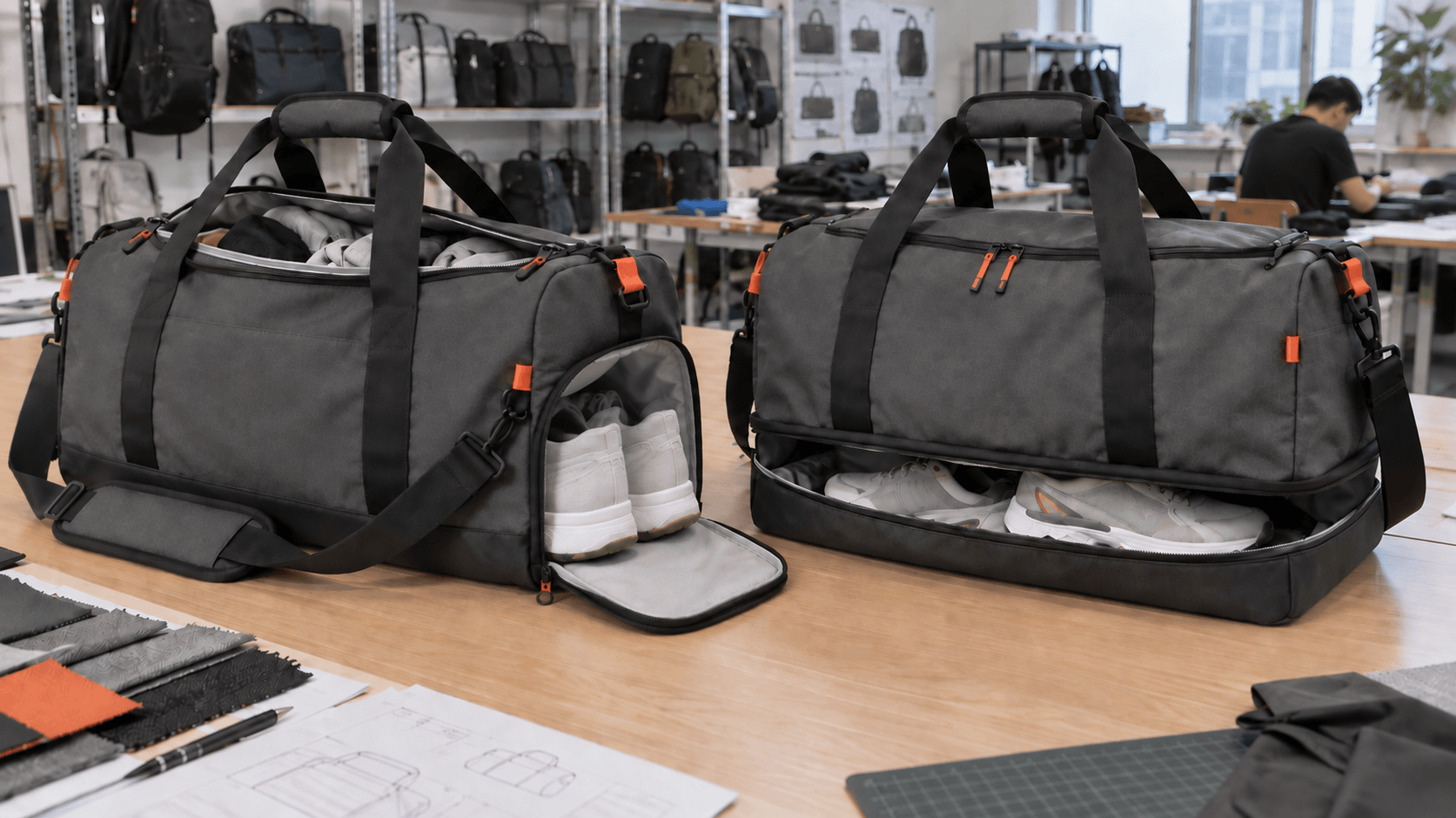 side entry shoe tunnel vs full bottom shoe compartment in a duffel bag